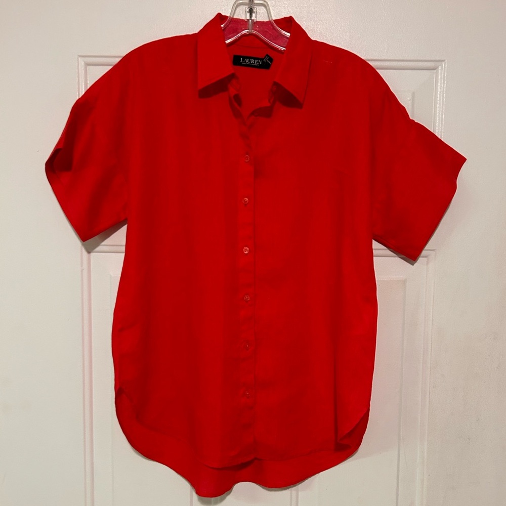 Ralph Lauren Black‎ Label 100% Linen Women’s Petite Size S Red Relaxed Fit